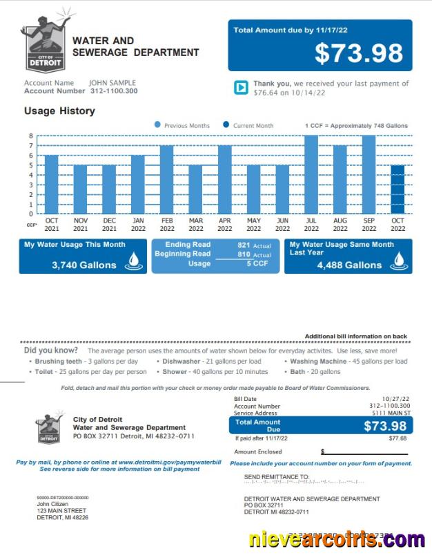 USA Michigan Water and Sewerage Department utility bill, 2 pages 1